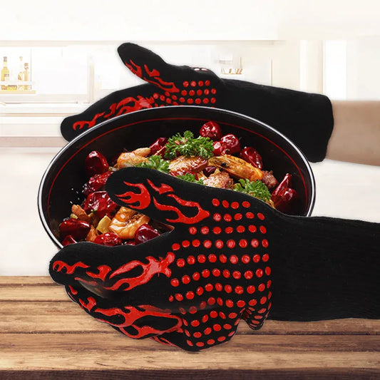 Black Flame Pattern Extreme Heat Resistant BBQ Gloves - 500°C Flame Design Oven Gloves with Non-Slip Silicone Grip - Image 8