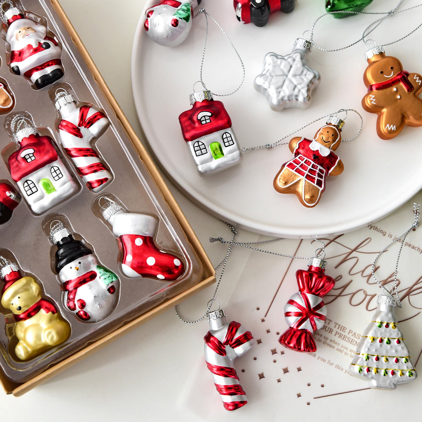 Style C Colorful Dainty Miniature Glass Christmas Ornament Set - 6pc Micro Holiday Characters - Image 2