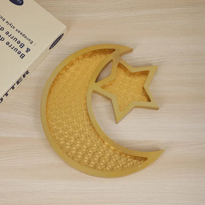 2 Pcs Gold Textured Elegant Celestial Moon & Star Serving Tray - Gold Finish Decorative Platter for Home & Holidays