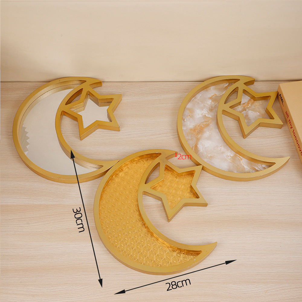 2 Pcs Gold Marble Effect Elegant Celestial Moon & Star Serving Tray - Gold Finish Decorative Platter for Home & Holidays - Image 2
