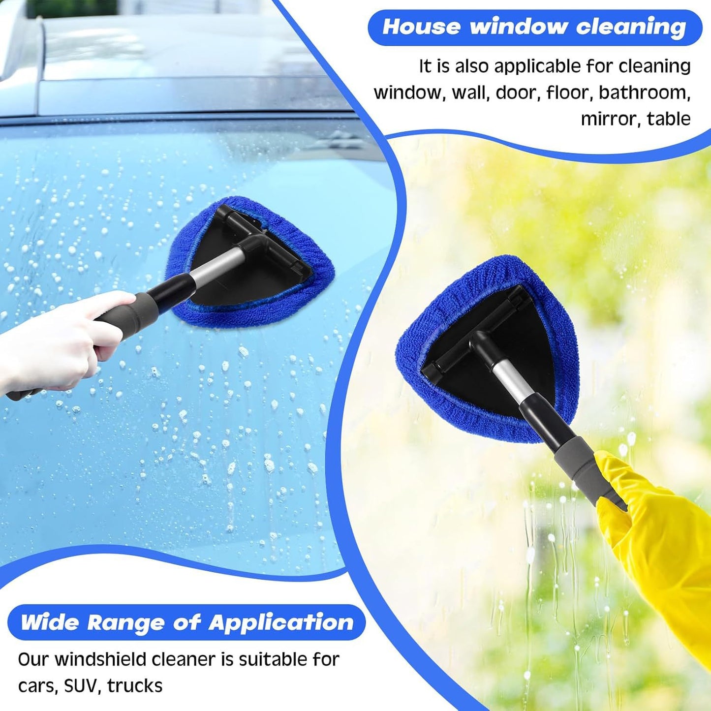 Blue Car Windshield Cleaner Tool, Inside with 4 Reusable and Washable Microfiber Pads and Extendable Handle, Moisture Removal Tool - Image 5