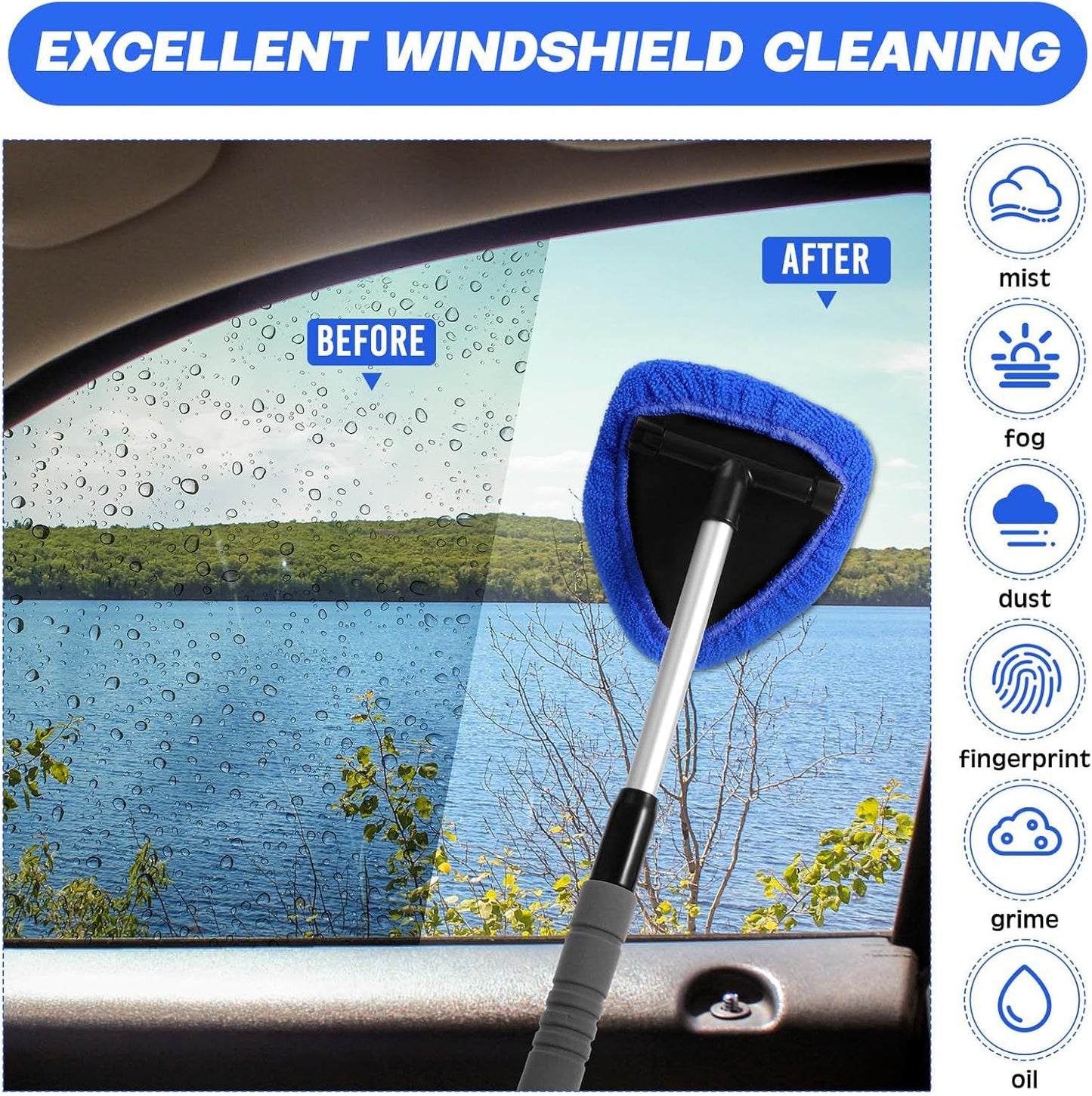 Black Car Windshield Cleaner Tool, Inside with 4 Reusable and Washable Microfiber Pads and Extendable Handle, Moisture Removal Tool - Image 4