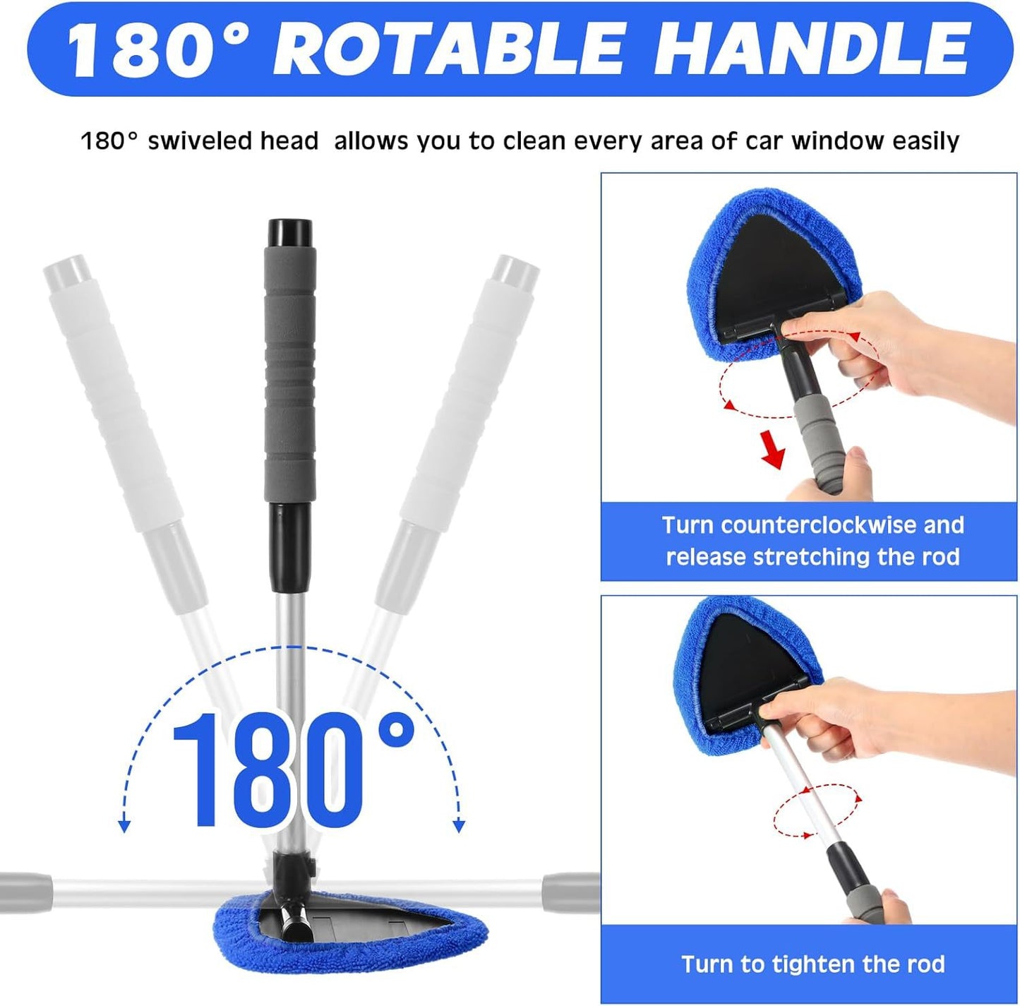Red Car Windshield Cleaner Tool, Inside with 4 Reusable and Washable Microfiber Pads and Extendable Handle, Moisture Removal Tool - Image 2