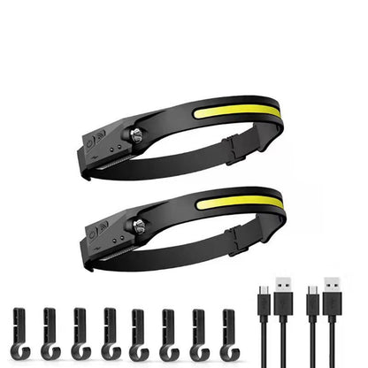 2 Pcs Black Bright COB LED Headlamp with Motion Sensor - 230° Wide Beam for Outdoor Camping, Hiking & Fishing