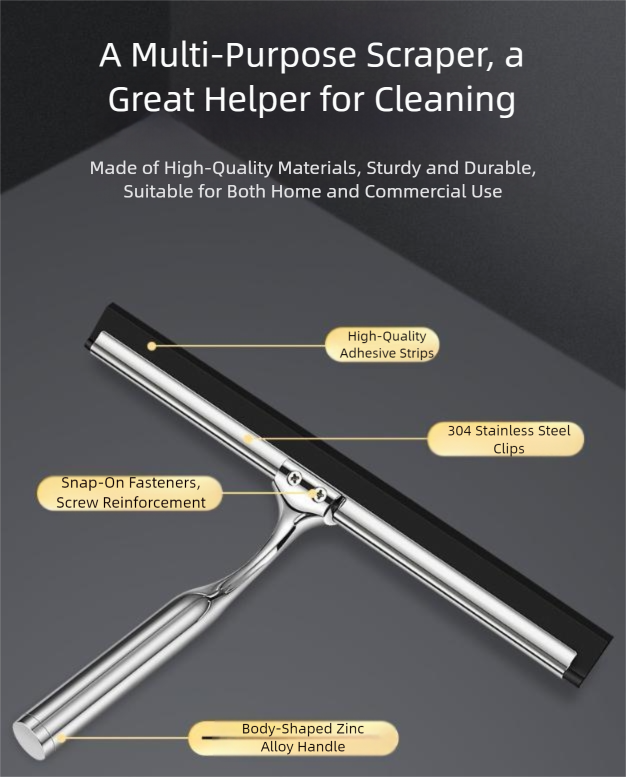 Silver Premium Stainless Steel Shower Squeegee with Adhesive Hook Holder - Streak-Free Blade for Glass Doors, Windows & Mirrors - Image 2