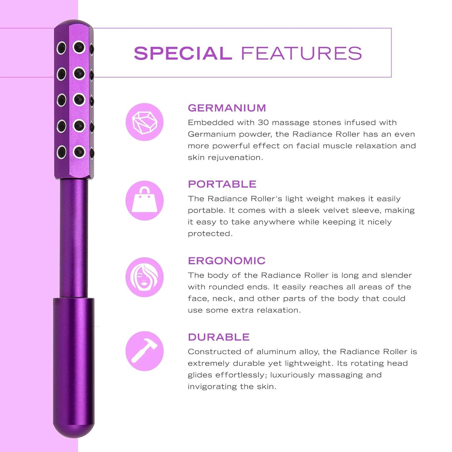 Purple Germanium Stone Facial Roller - Uplifting & Sculpting Beauty Massager for Face and Body - Image 2