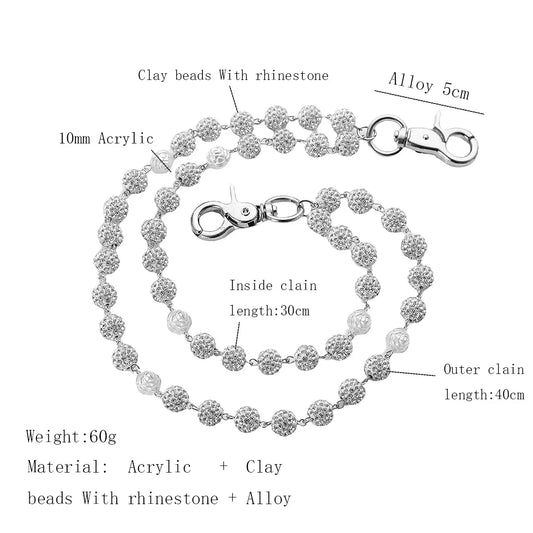 Silver and White Bling Rhinestone Beaded Wallet Chain - Double Layer Hip Hop Trouser Chain Jean Accessory(60g） - Image 2