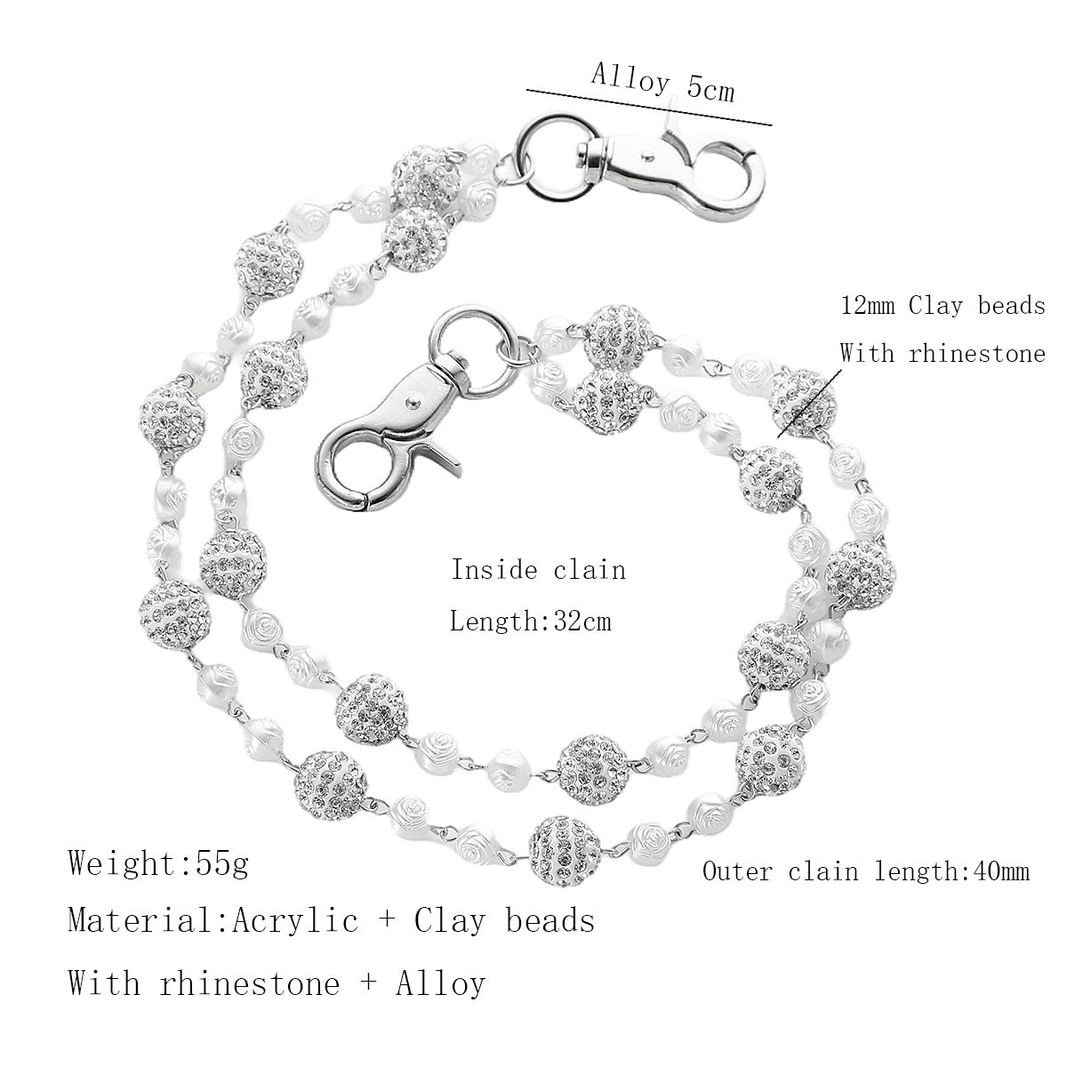Silver and White Bling Rhinestone Beaded Wallet Chain - Double Layer Hip Hop Trouser Chain Jean Accessory(55g） - Image 2