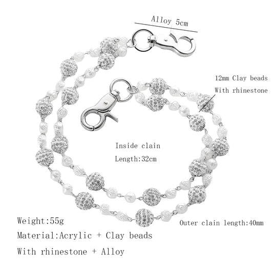 Silver and White Bling Rhinestone Beaded Wallet Chain - Double Layer Hip Hop Trouser Chain Jean Accessory(55g） - Image 2