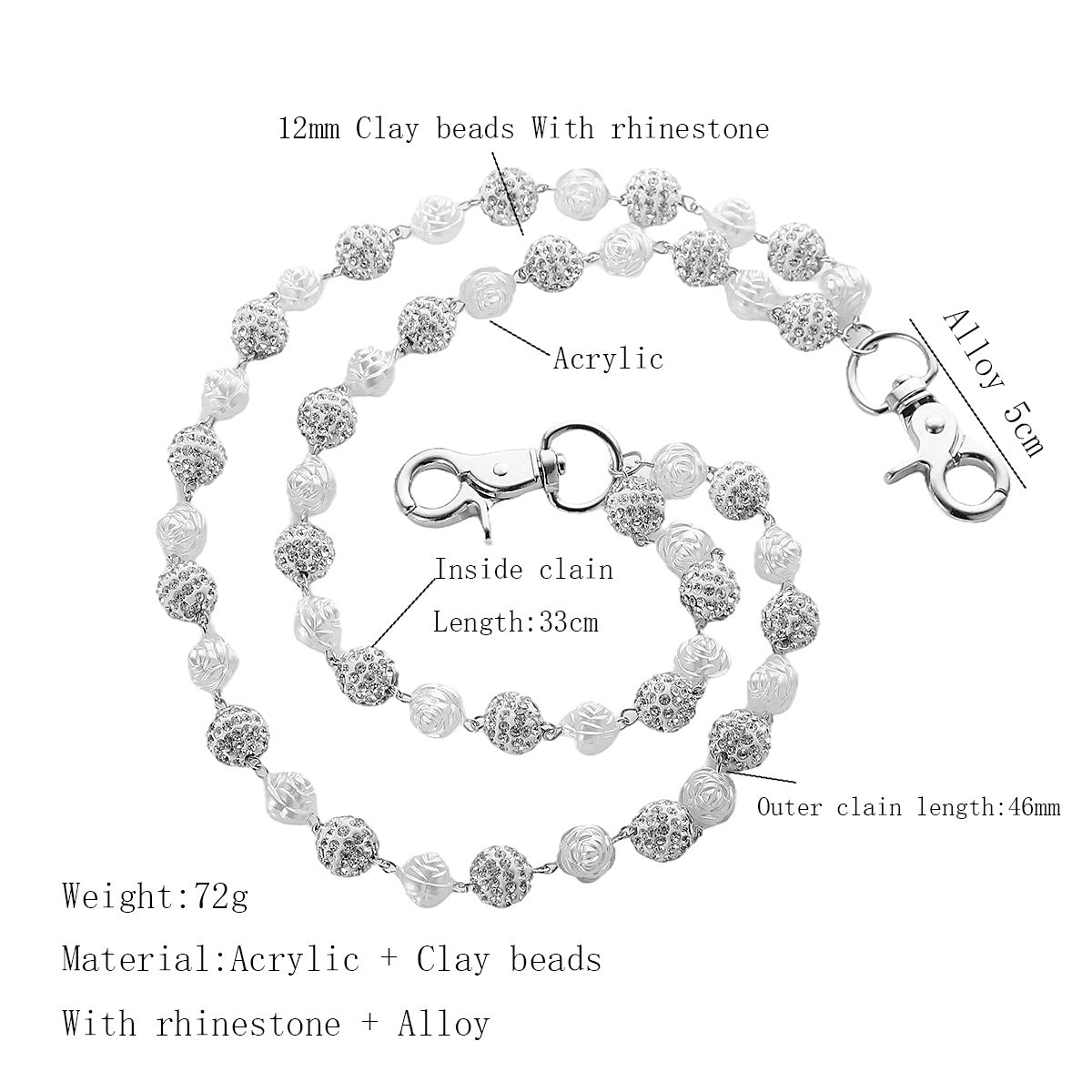 Silver and White Bling Rhinestone Beaded Wallet Chain - Double Layer Hip Hop Trouser Chain Jean Accessory(72g） - Image 2