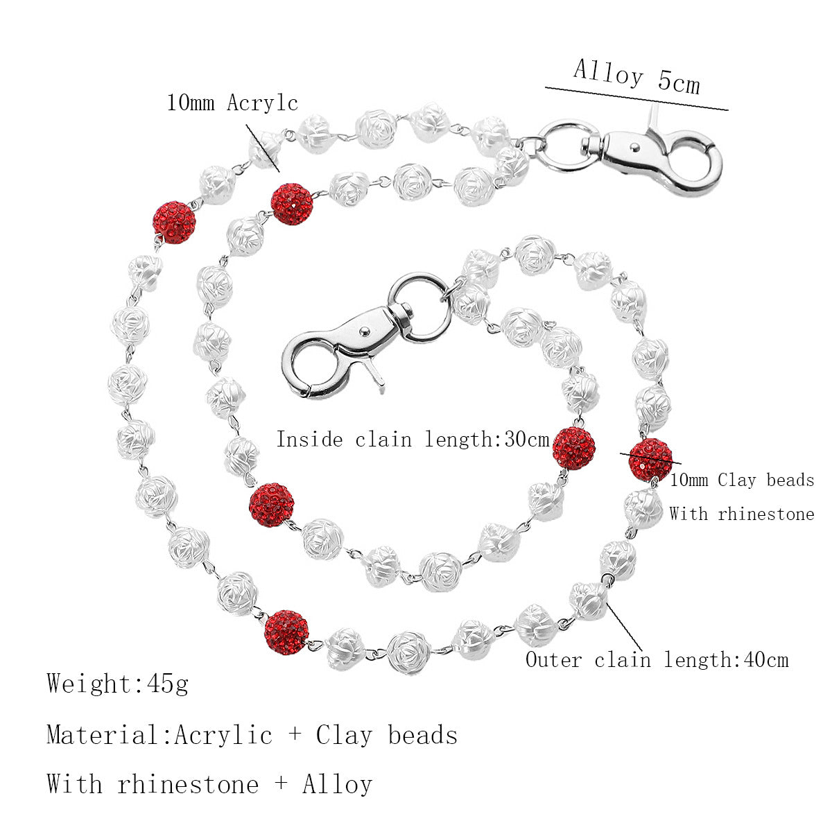 Red and White Bling Rhinestone Beaded Wallet Chain - Double Layer Hip Hop Trouser Chain Jean Accessory(45g） - Image 2