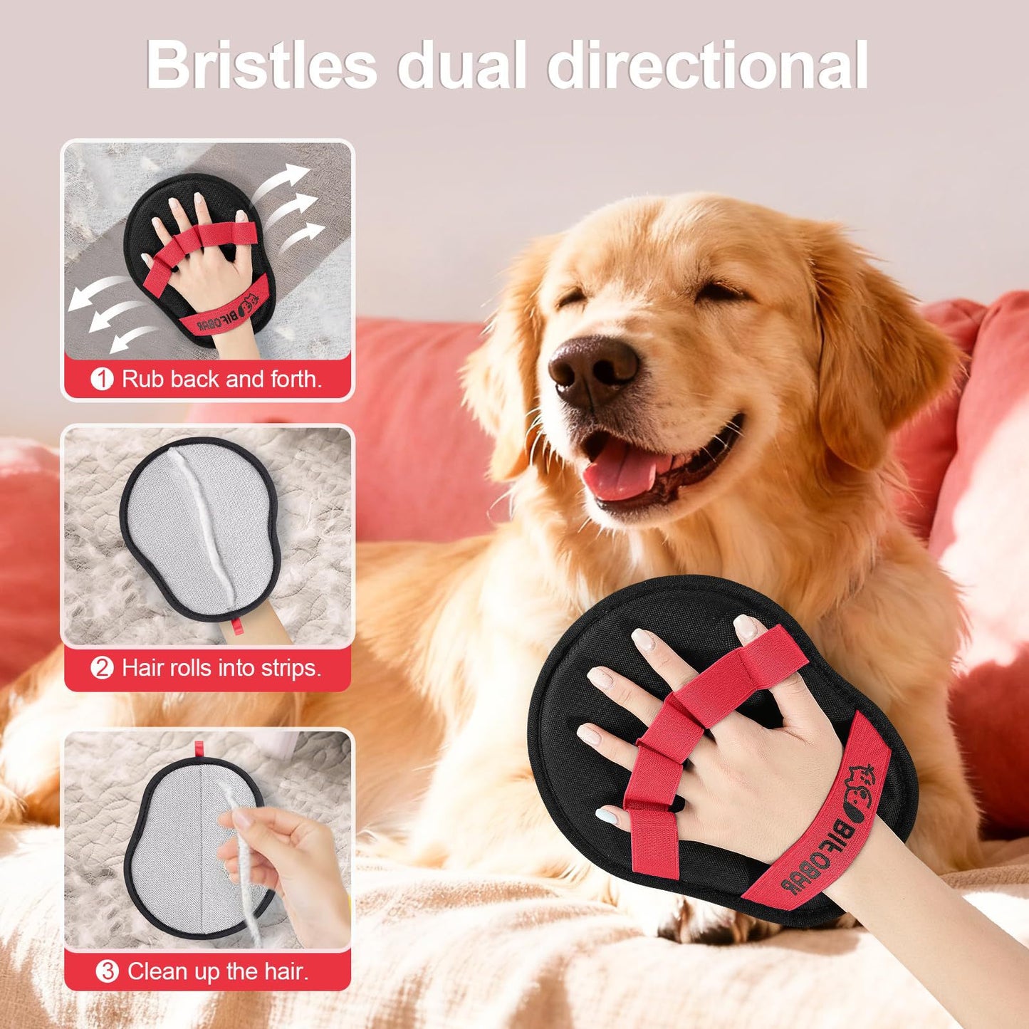 2-Pack Red and Black Pet Hair Remover Glove - Reusable Double-Sided Deshedding Glove for Dog & Cat Grooming, Sofa, Carpet & Clothes Cleaning  - Image 2