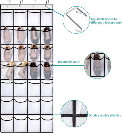 Black Over the Door Shoe Organizer with 24 Mesh Pockets - Space Saving Hanging Storage for Shoes, Accessories, Pantry  - Image 3