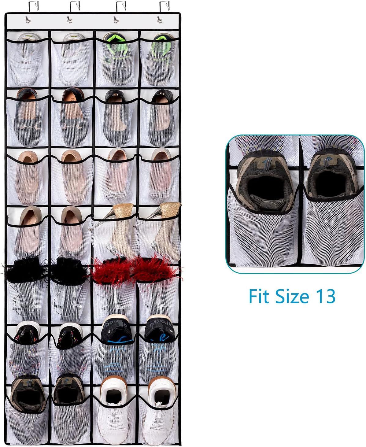 Black Over the Door Shoe Organizer with 24 Mesh Pockets - Space Saving Hanging Storage for Shoes, Accessories, Pantry  - Image 4
