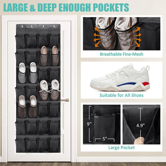White Over the Door Shoe Organizer with 24 Mesh Pockets - Space Saving Hanging Storage for Shoes, Accessories, Pantry  - Image 5