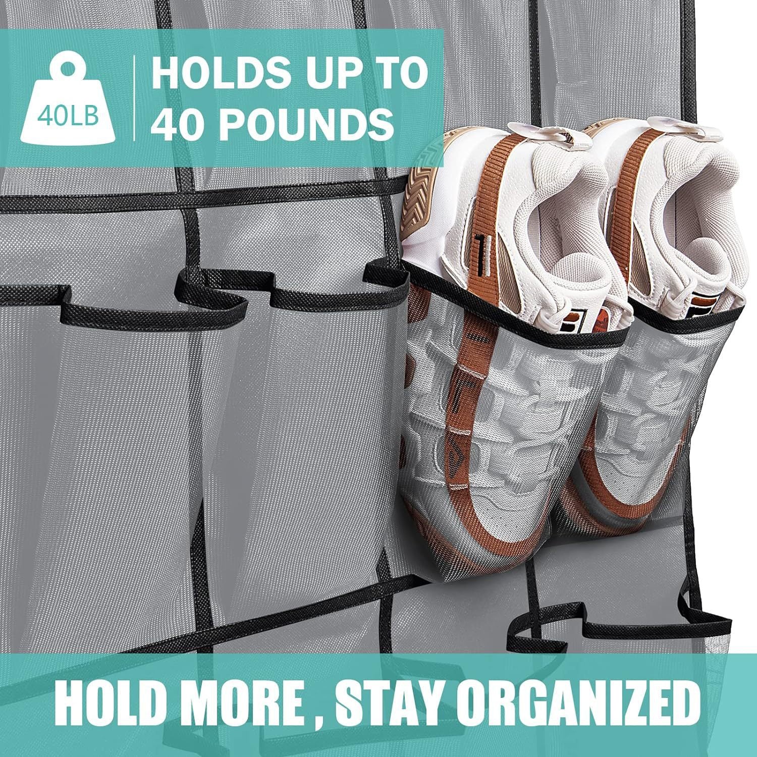 White Over the Door Shoe Organizer with 24 Mesh Pockets - Space Saving Hanging Storage for Shoes, Accessories, Pantry  - Image 6