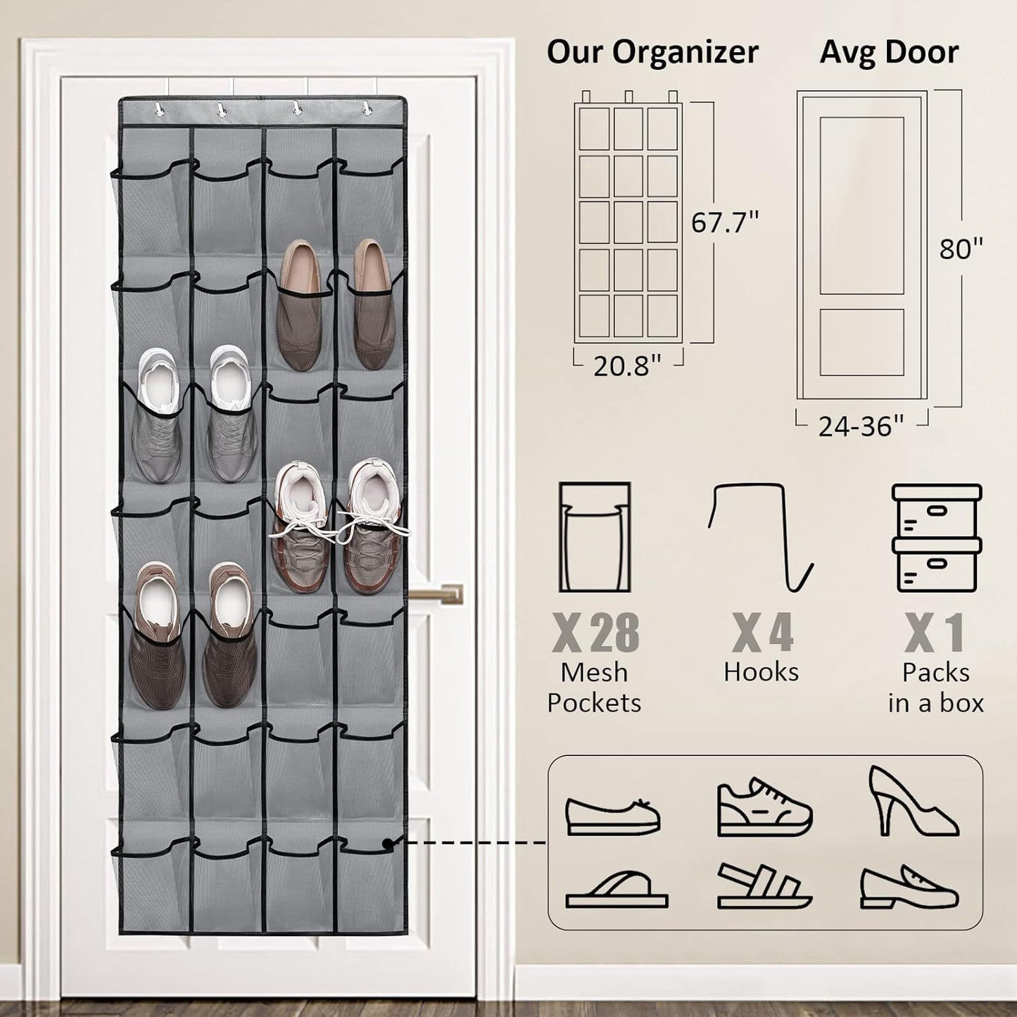 White Over the Door Shoe Organizer with 24 Mesh Pockets - Space Saving Hanging Storage for Shoes, Accessories, Pantry  - Image 7