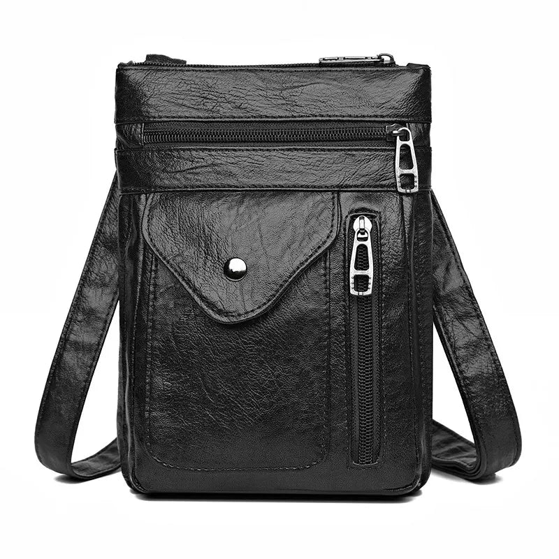 Black Women's Crossbody Bag Soft PU Leather Shoulder Phone Bag Vintage European Style Small Messenger Purse