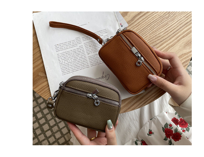 Black Women's Mini Genuine Leather Coin Purse Double Zipper Organiser Multi-function Wristlet Wallet - Image 4