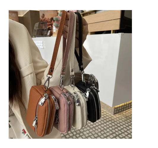 Beige Women's Mini Genuine Leather Coin Purse Double Zipper Organiser Multi-function Wristlet Wallet - Image 2