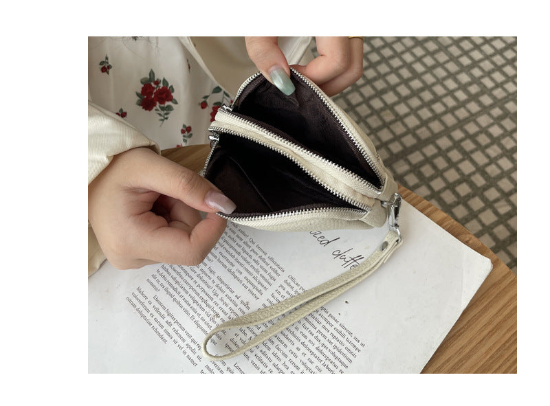 Beige Women's Mini Genuine Leather Coin Purse Double Zipper Organiser Multi-function Wristlet Wallet - Image 7