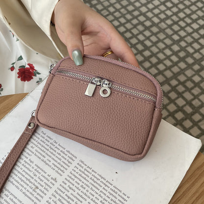 Dark Pink Women's Mini Genuine Leather Coin Purse Double Zipper Organiser Multi-function Wristlet Wallet