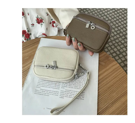 Brown Women's Mini Genuine Leather Coin Purse Double Zipper Organiser Multi-function Wristlet Wallet - Image 3