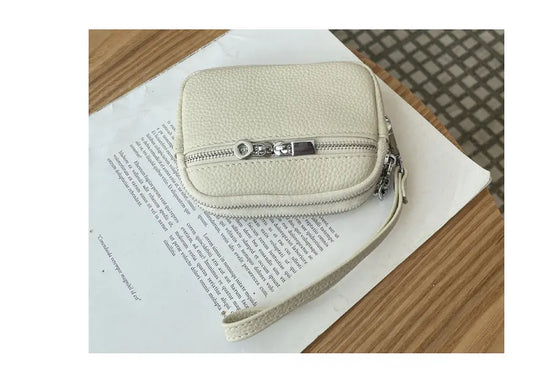 Red Women's Mini Genuine Leather Coin Purse Double Zipper Organiser Multi-function Wristlet Wallet - Image 5