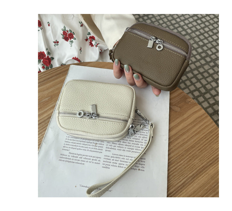 Olive Green Women's Mini Genuine Leather Coin Purse Double Zipper Organiser Multi-function Wristlet Wallet - Image 3