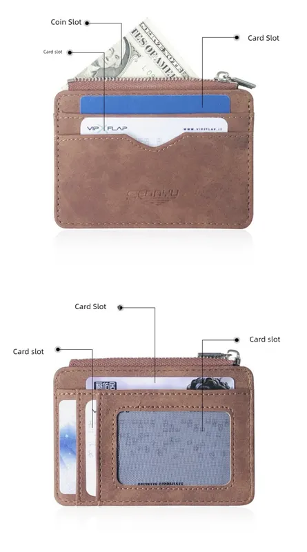 2 Pcs Black Men's Slim Frosted PU Leather Card Holder Wallet with Zip Coin Pocket Multi-Card ID Case - Image 3