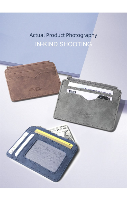 2 Pcs Black Men's Slim Frosted PU Leather Card Holder Wallet with Zip Coin Pocket Multi-Card ID Case - Image 4