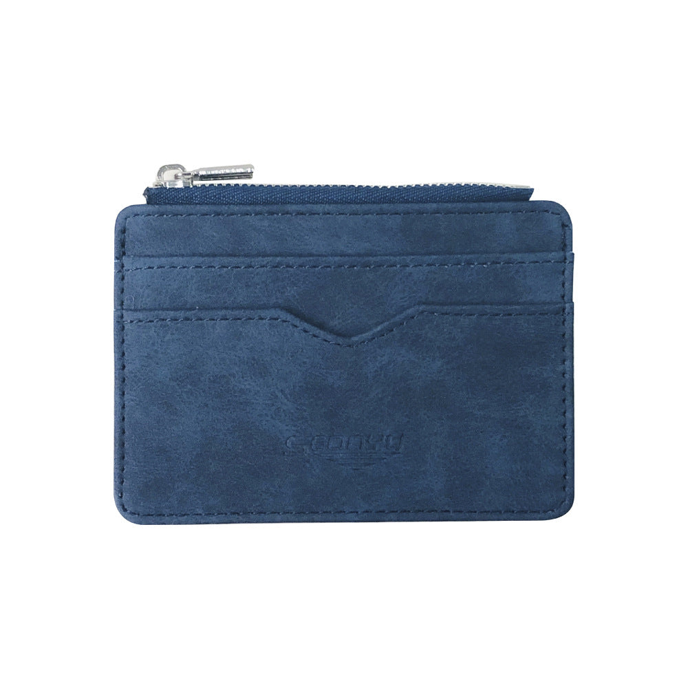 2 Pcs Blue Men's Slim Frosted PU Leather Card Holder Wallet with Zip Coin Pocket Multi-Card ID Case