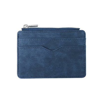 2 Pcs Blue Men's Slim Frosted PU Leather Card Holder Wallet with Zip Coin Pocket Multi-Card ID Case