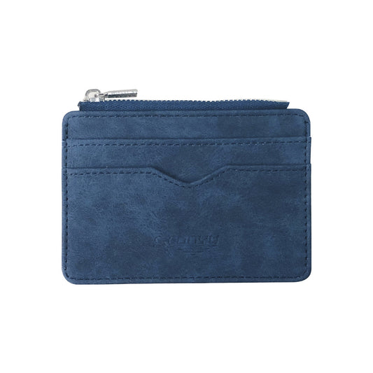 2 Pcs Blue Men's Slim Frosted PU Leather Card Holder Wallet with Zip Coin Pocket Multi-Card ID Case