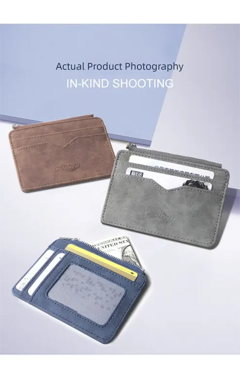 2 Pcs Blue Men's Slim Frosted PU Leather Card Holder Wallet with Zip Coin Pocket Multi-Card ID Case - Image 4