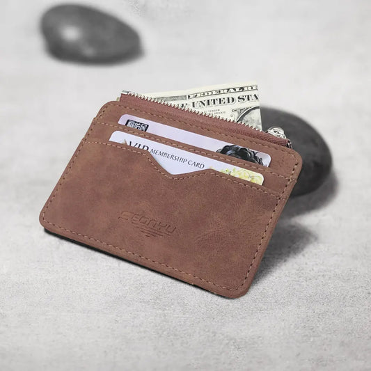 2 Pcs Brown Men's Slim Frosted PU Leather Card Holder Wallet with Zip Coin Pocket Multi-Card ID Case - Image 2