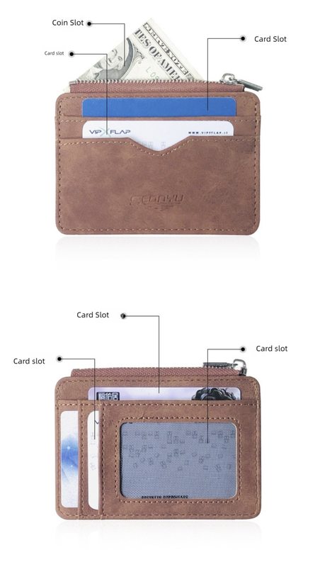 2 Pcs Brown Men's Slim Frosted PU Leather Card Holder Wallet with Zip Coin Pocket Multi-Card ID Case - Image 3