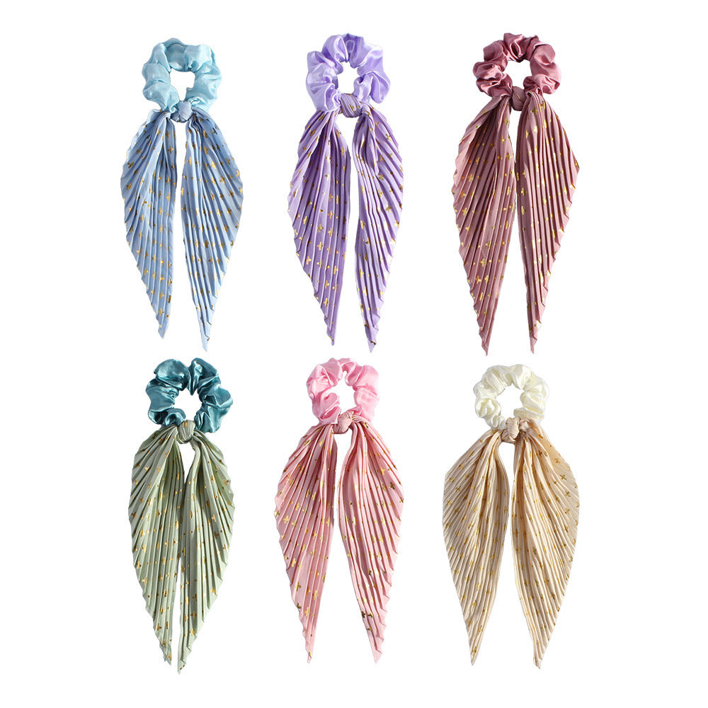 Handmade Pleated Scrunchie with Ribbon Ponytail Holder Hair Tie Hair Accessories 6 Colour Pack - Image 3