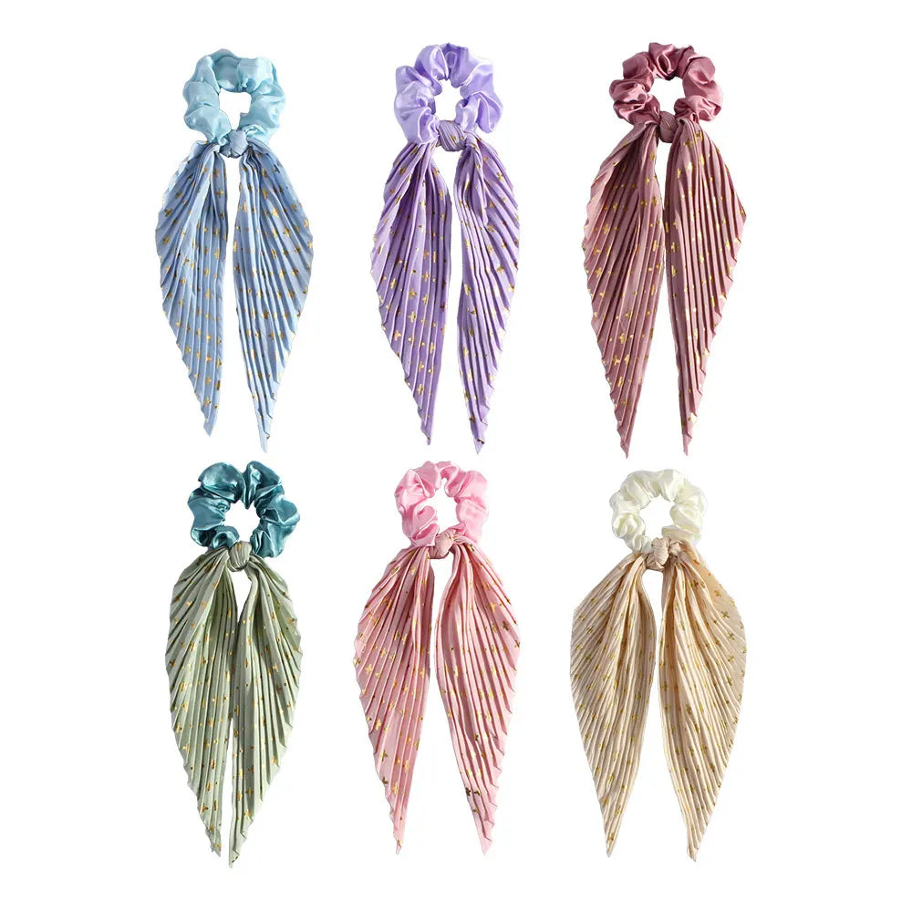 Handmade Pleated Scrunchie with Ribbon Ponytail Holder Hair Tie Hair Accessories 6 Colour Pack - Image 3