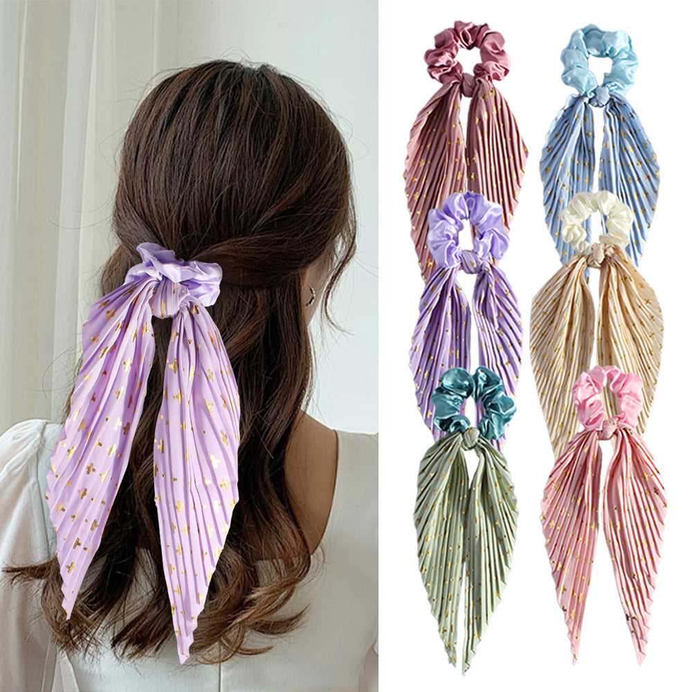 Handmade Pleated Scrunchie with Ribbon Ponytail Holder Hair Tie Hair Accessories 6 Colour Pack - Image 4