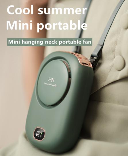 Green Portable Bladeless Neck Fan with Waist Clip & Digital Display USB Rechargeable Mini Fan - Image 2