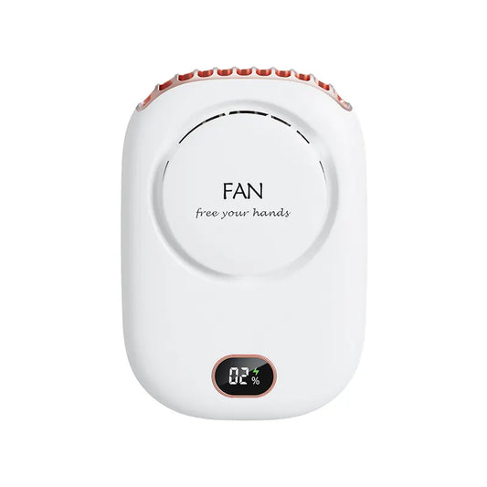 White Portable Bladeless Neck Fan with Waist Clip & Digital Display USB Rechargeable Mini Fan