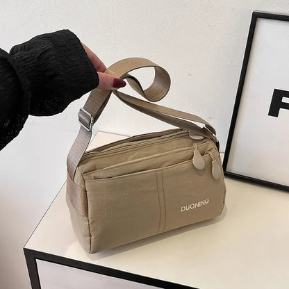 Khaki Women's Lightweight Nylon Crossbody Bag - Multi-Layer Shoulder Purse with Adjustable Strap for Casual Travel and Daily Use