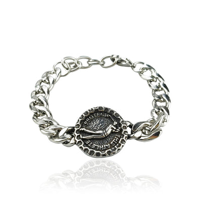 Silver Style 5 Men's Stainless Steel Curb Chain Bracelet - Retro Punk Hip Hop Style with Round Medallion Charm - Durable 26cm Streetwear Jewellery