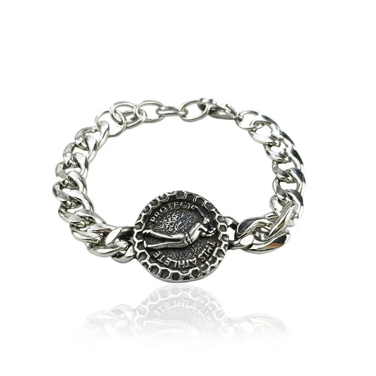 Silver Style 5 Men's Stainless Steel Curb Chain Bracelet - Retro Punk Hip Hop Style with Round Medallion Charm - Durable 26cm Streetwear Jewellery