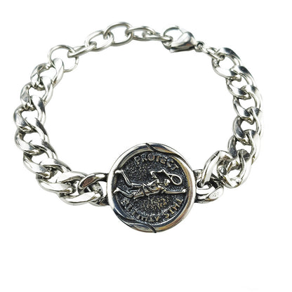 Silver Style 6 Men's Stainless Steel Curb Chain Bracelet - Retro Punk Hip Hop Style with Round Medallion Charm - Durable 26cm Streetwear Jewellery