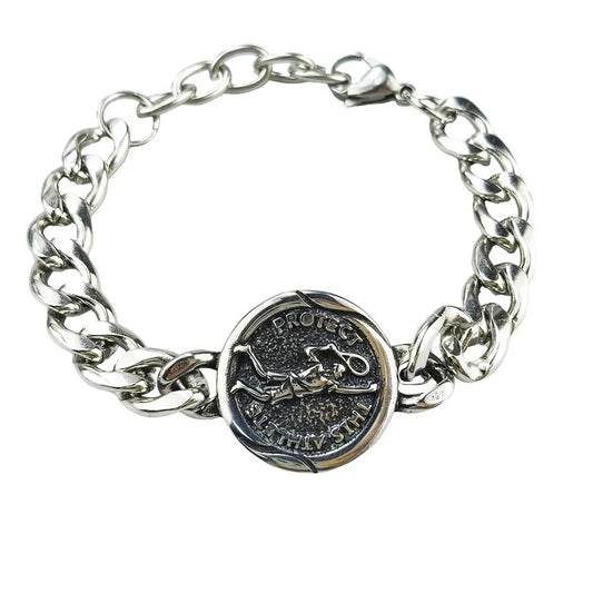 Silver Style 6 Men's Stainless Steel Curb Chain Bracelet - Retro Punk Hip Hop Style with Round Medallion Charm - Durable 26cm Streetwear Jewellery