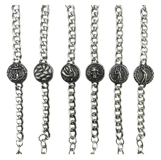 Silver Style 7 Men's Stainless Steel Curb Chain Bracelet - Retro Punk Hip Hop Style with Round Medallion Charm - Durable 26cm Streetwear Jewellery - Image 2