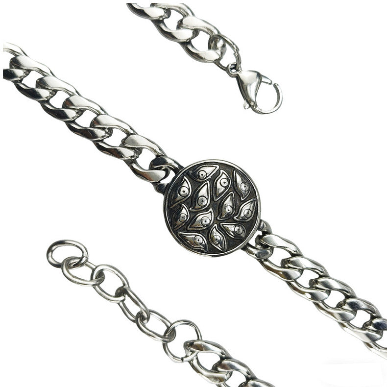 Silver Style 7 Men's Stainless Steel Curb Chain Bracelet - Retro Punk Hip Hop Style with Round Medallion Charm - Durable 26cm Streetwear Jewellery - Image 5