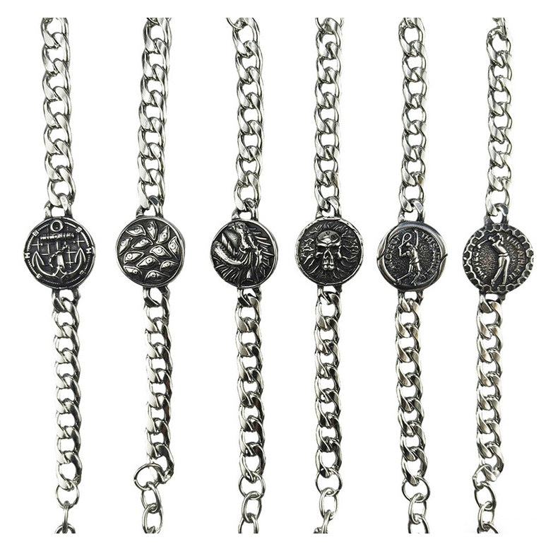 Silver Style 8 Men's Stainless Steel Curb Chain Bracelet - Retro Punk Hip Hop Style with Round Medallion Charm - Durable 26cm Streetwear Jewellery - Image 2